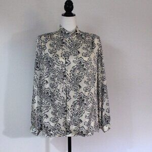 Vintage YVES VENET cream black silky blouse with high neck abstract flor…